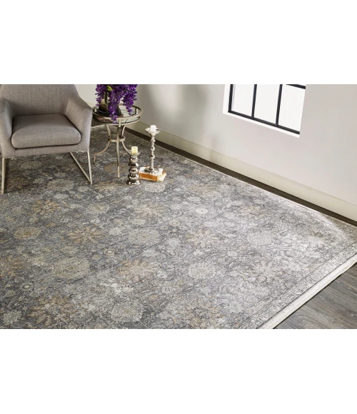 Feizy Sarrant Farmhouse Damask, Gray/Silver/Tan, 9'-6" x 12'-7" Area Rug