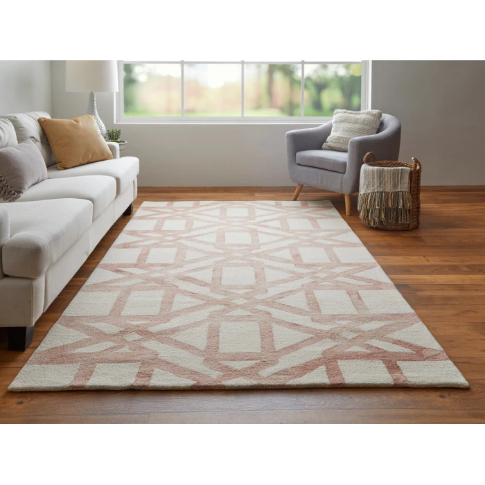 Feizy Lorrain Mid-Century Modern Geometric, Ivory/Pink/Tan, 9'-6" x 13'-6" Area Rug