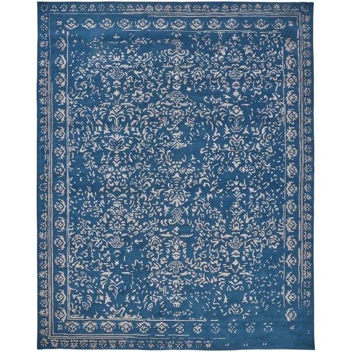 Feizy Bella High/Low Floral Wool Rug, Vallarta Blue/Silver Gray, 2ft-6in x 8ft, Runner