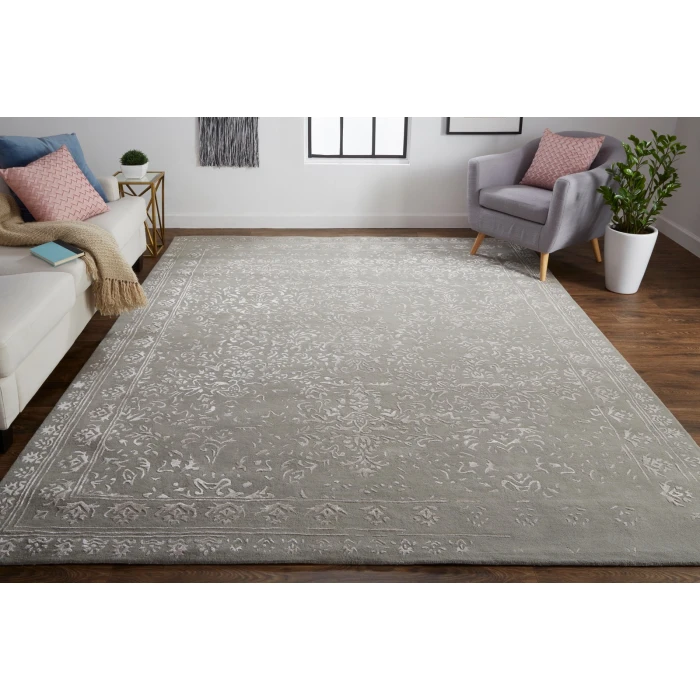 Feizy Bella High/Low Floral Wool Rug, Warm Silver Gray, 10ft x 14ft Area Rug