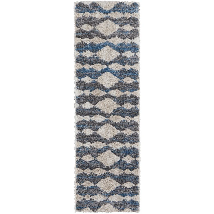 Feizy Mynka Bohemian & Eclectic Diamond, Ivory/Gray/Blue, 2'-6" x 8' Runner
