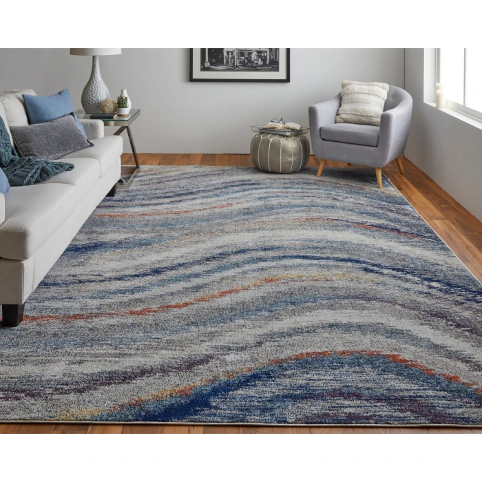 Feizy Edgemont Casual Abstract, Blue/Gray/Orange, 10' x 14' Area Rug