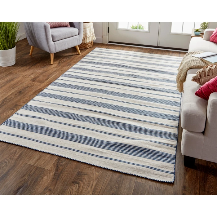 Feizy Duprine Casual Stripes, White/Ivory/Blue, 10' x 14' Area Rug