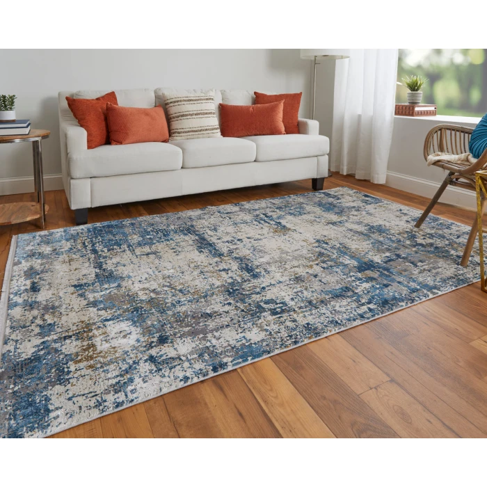 Feizy Cadiz Industrial Abstract, Ivory/Tan/Blue, 12' x 18' Area Rug