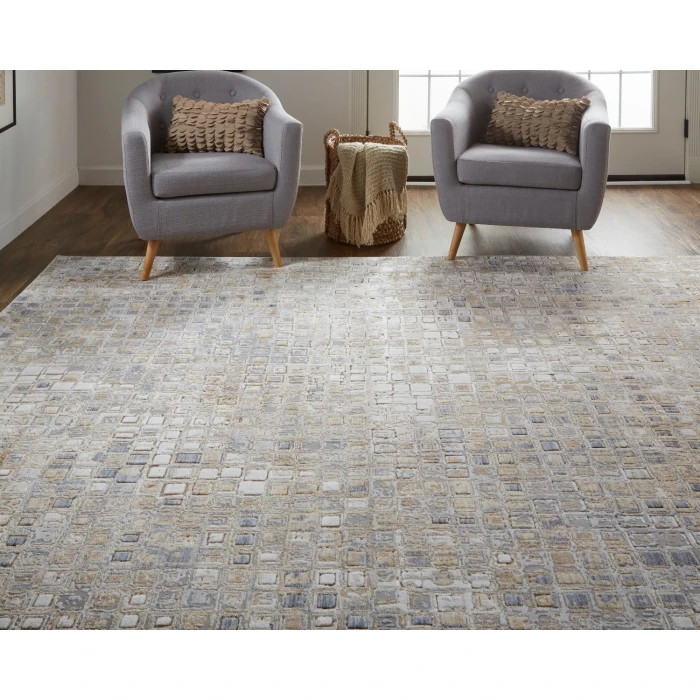 Feizy Laina Mid-Century Modern Geometric, Tan/Ivory/Blue, 3' x 10' Runner
