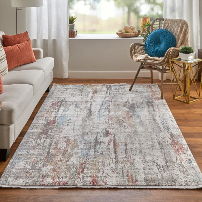 Feizy Cadiz Industrial Abstract, Gray/Red/Blue, 13' x 20' Area Rug
