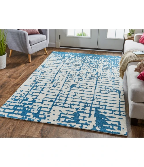 Feizy Dineen Mid-Century Modern Abstract, Ivory/Blue, 8' x 10' Area Rug