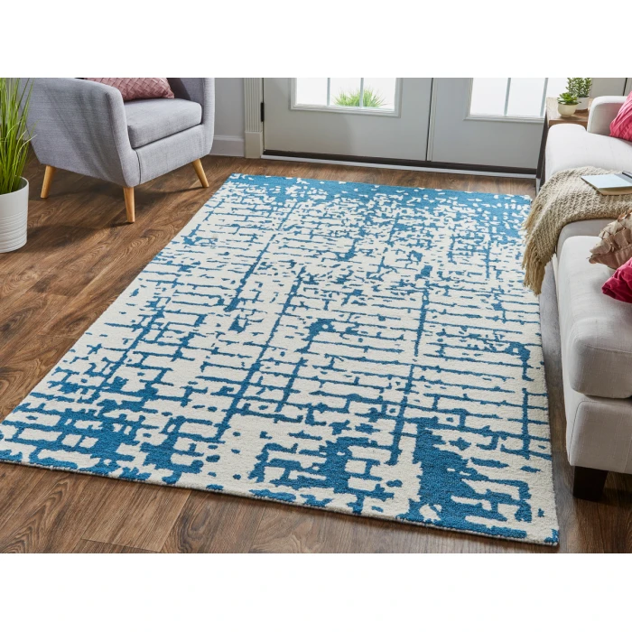 Feizy Dineen Mid-Century Modern Abstract, Ivory/Blue, 8' x 10' Area Rug
