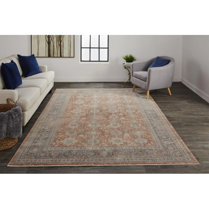 Feizy Marquette Rustic Persian Farmhouse Rug, Rust/Aegean Blue, 2ft-8in x 12ft, Runner