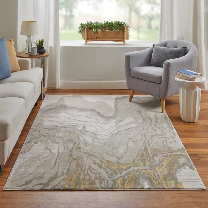 Feizy Waldor Casual Watercolor, Gold/Ivory/Gray, 6'-7" x 9'-6" Area Rug