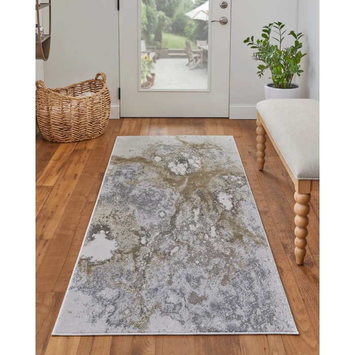Feizy Astra Industrial Abstract, Gray/Gold/Ivory, 2'-10" x 7'-10" Runner