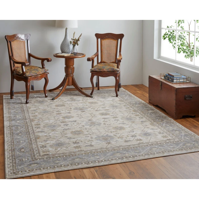 Feizy Celene Luxury & Glam Bordered, Tan/Ivory/Gray, 7'-9" x 7'-9" Round Rug
