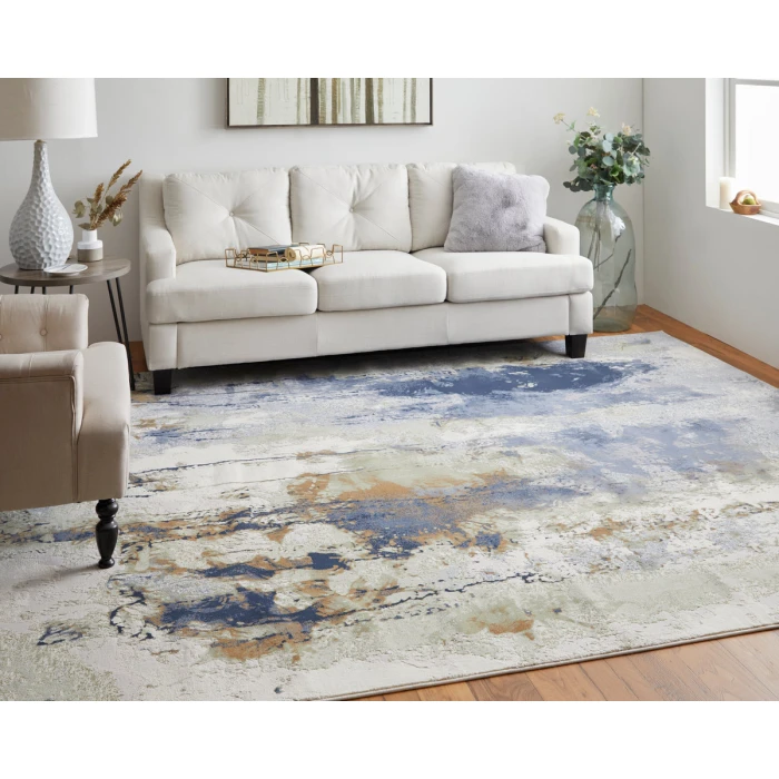 Feizy Clio Industrial Abstract, Blue/Orange/Ivory, 2'-9" x 7'-10" RUNNER Runner