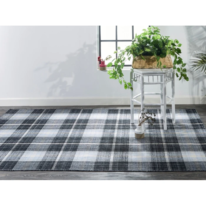 Feizy Crosby Eco-Friendly PET Dhurrie, Black/Sky Blue, 8ft x 10ft Area Rug