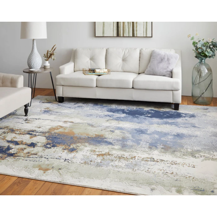 Feizy Clio Industrial Abstract, Blue/Orange/Ivory, 2'-9" x 7'-10" RUNNER Runner