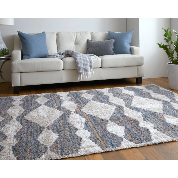 Feizy Mynka Bohemian & Eclectic Diamond, Tan/Ivory/Blue, 4' x 6' Accent Rug