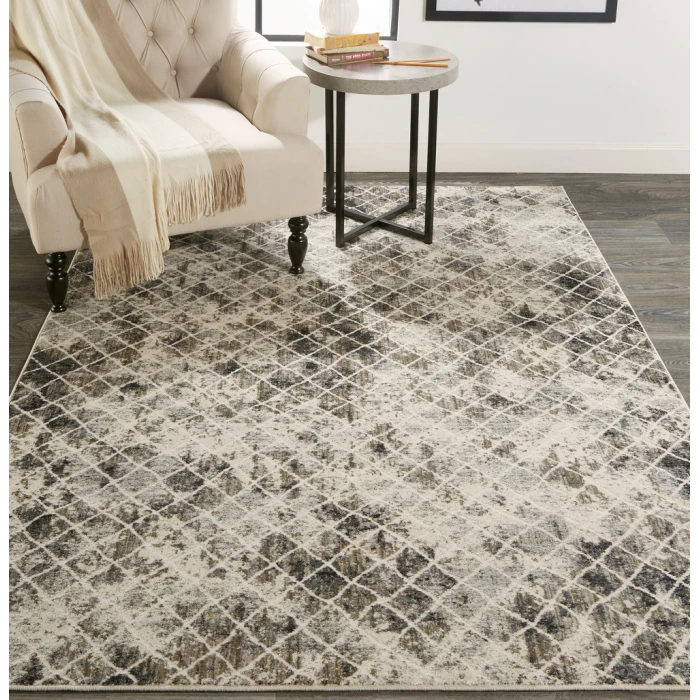 Feizy Kano Casual Diamond, Ivory/Gray/Taupe, 8'-9" x 8'-9" Round Rug