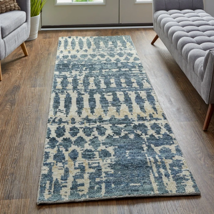 Feizy Palomar Luxe Hand-Knot Abstract Area Rug, Denim Blue, 2x6in x 8ft