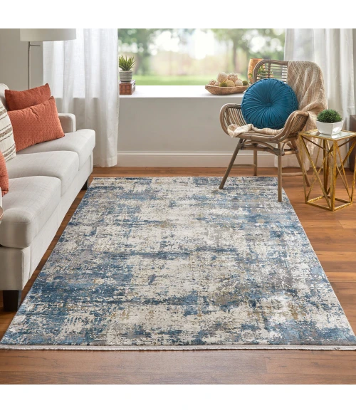 Feizy Cadiz Industrial Abstract, Ivory/Tan/Blue, 9'-9" x 13'-2" Area Rug