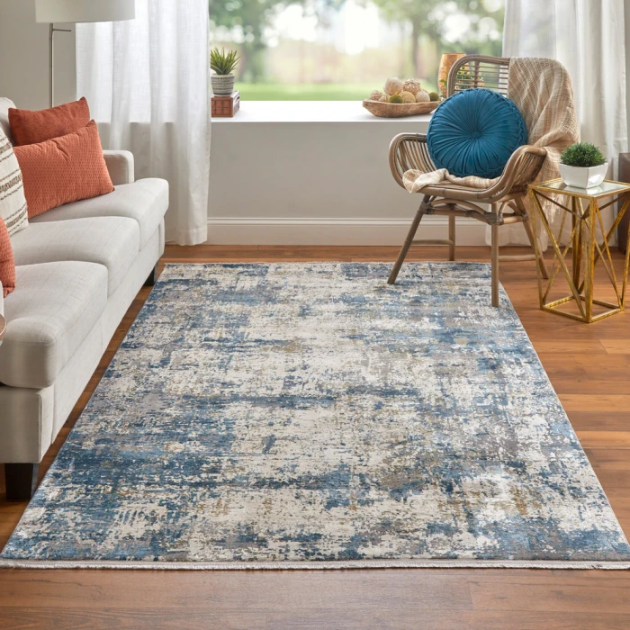Feizy Cadiz Industrial Abstract, Ivory/Tan/Blue, 12' x 18' Area Rug