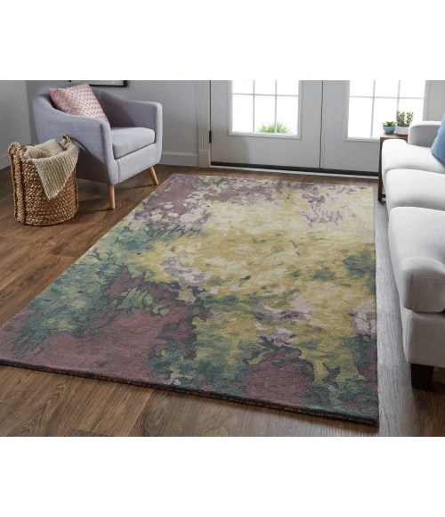 Feizy Amira Modern Watercolor Rug, Eggplant/Lodon Green/Gold, 9ft x 12ft Area Rug