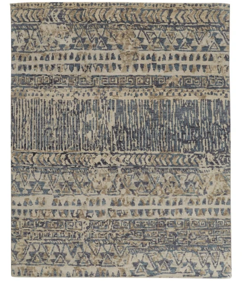 Feizy Palomar Luxe Hand-Knot Abstract Accent Rug, Denim Blue/Beige/Sand, 2ft x 3ft