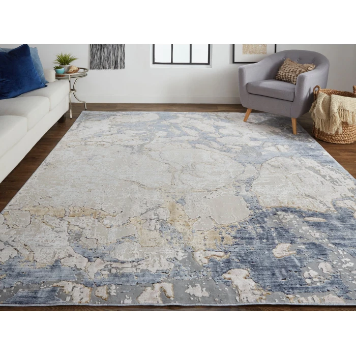Feizy Laina Casual Abstract, Tan/Blue, 7'-10" x 9'-6" Area Rug