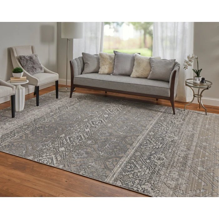 Feizy Macklaine Bohemian & Eclectic Distressed, Ivory/Silver/Black, 12' x 15' Area Rug