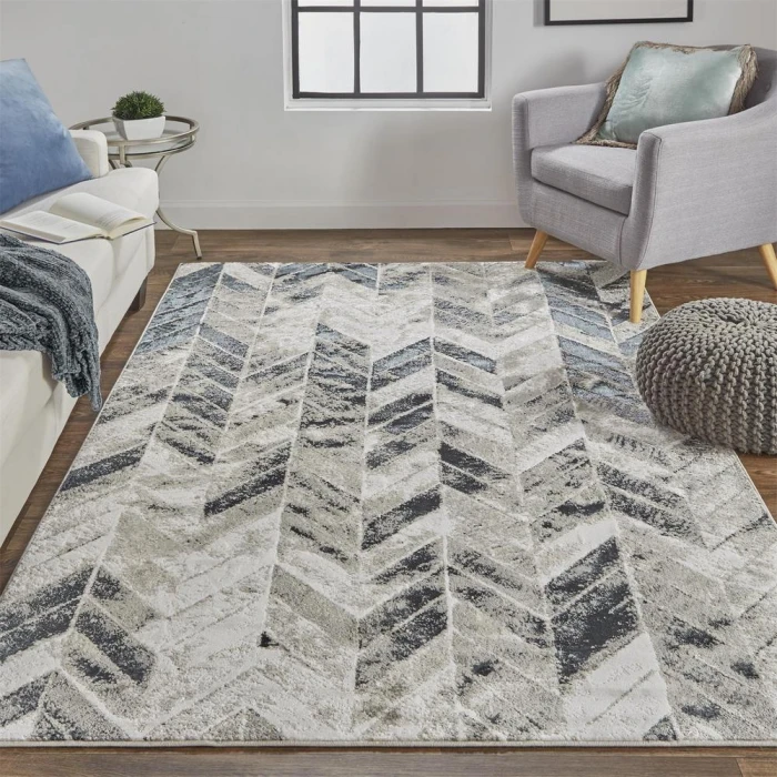 Feizy Micah Industrial Chevron, Black/Gray/Silver, 8' x 10' Area Rug