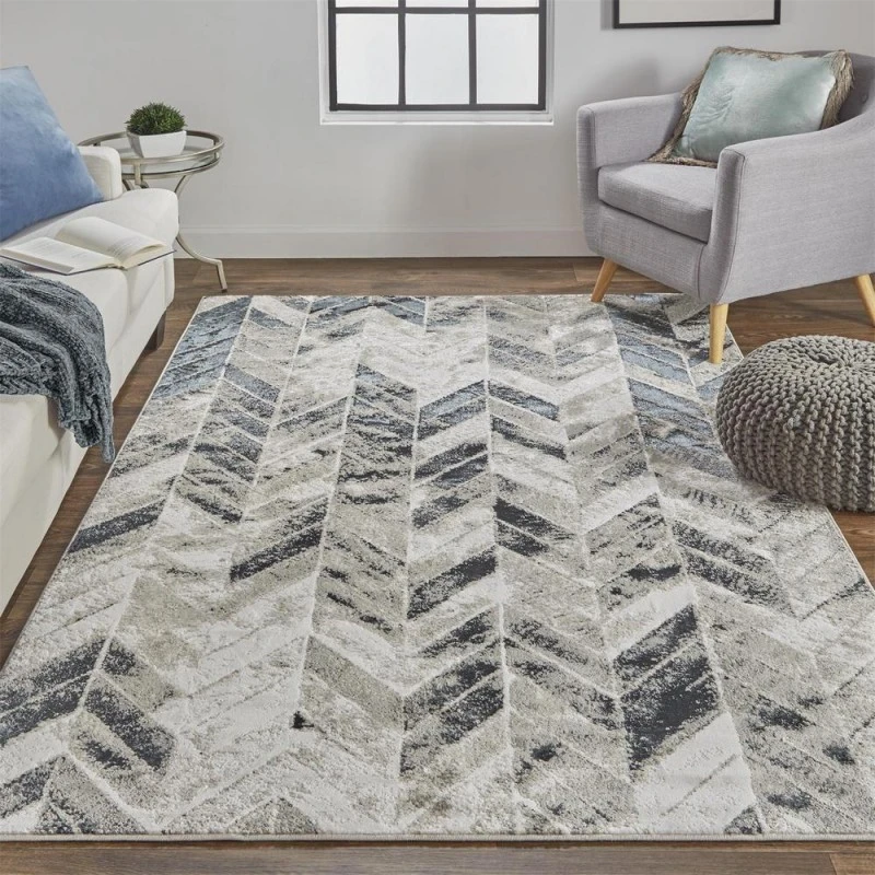 Feizy Micah Industrial Chevron, Black/Gray/Silver, 9'-2" x 12' Area Rug