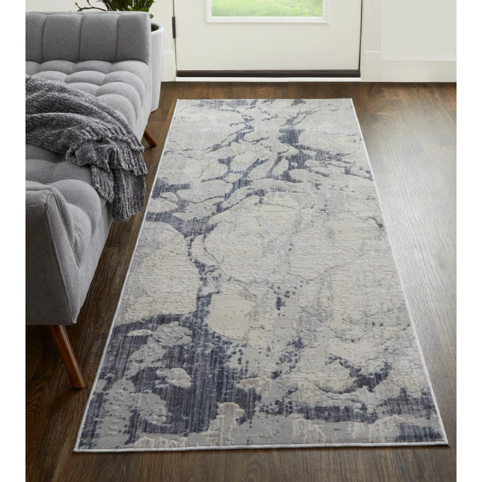 Feizy Laina Casual Abstract, Ivory/Blue, 3' x 8' Runner