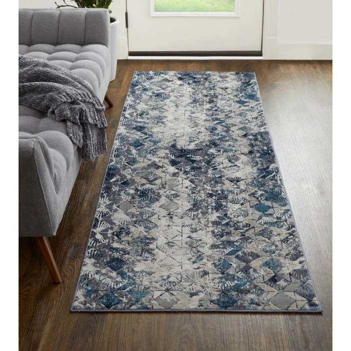 Feizy Indio Bohemian & Eclectic Diamond, Blue/Ivory/Gray, 2'-10" x 7'-10" Runner