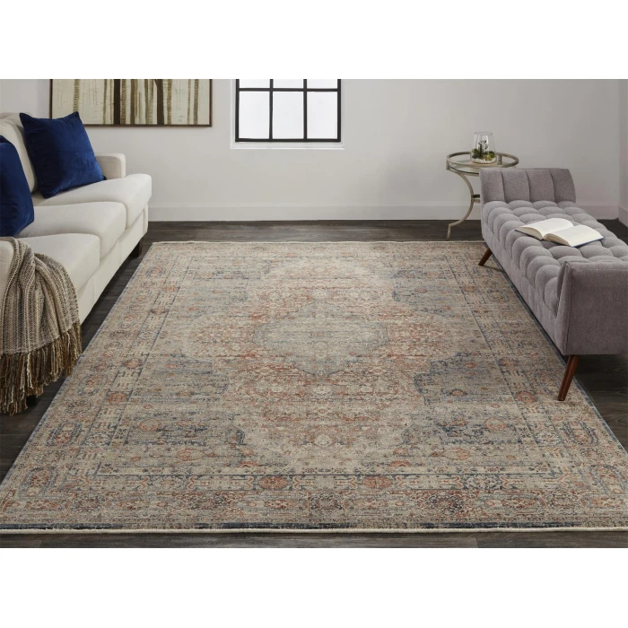 Feizy Marquette Rustic Persian Farmhouse Rug, Rust/Denim Blue, 2ft x 3ft Accent Rug