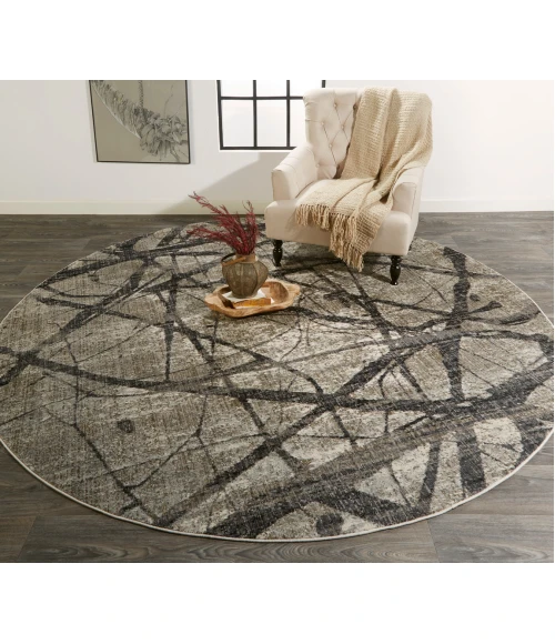 Feizy Kano Industrial Abstract, Taupe/Gray/Ivory, 8'-9" x 8'-9" Round Rug
