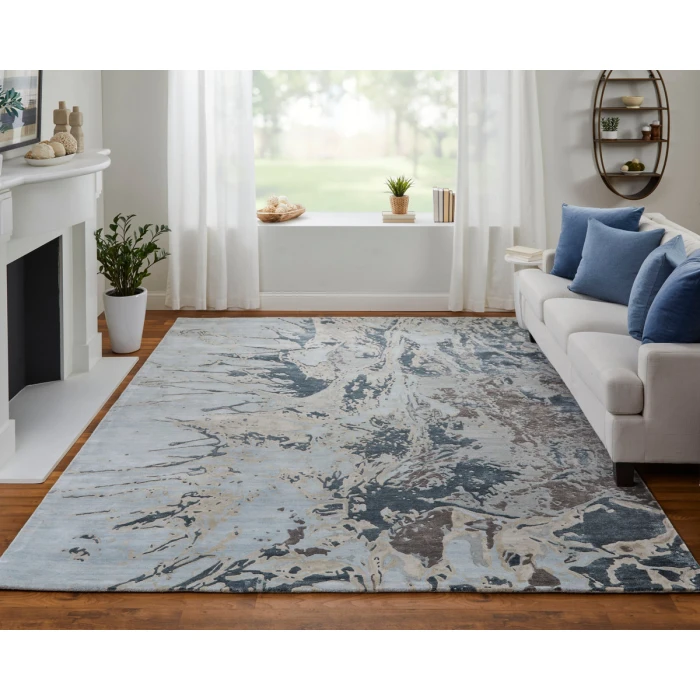 Feizy Zarah Industrial Watercolor, Blue/Taupe/Green, 8' x 10' Area Rug