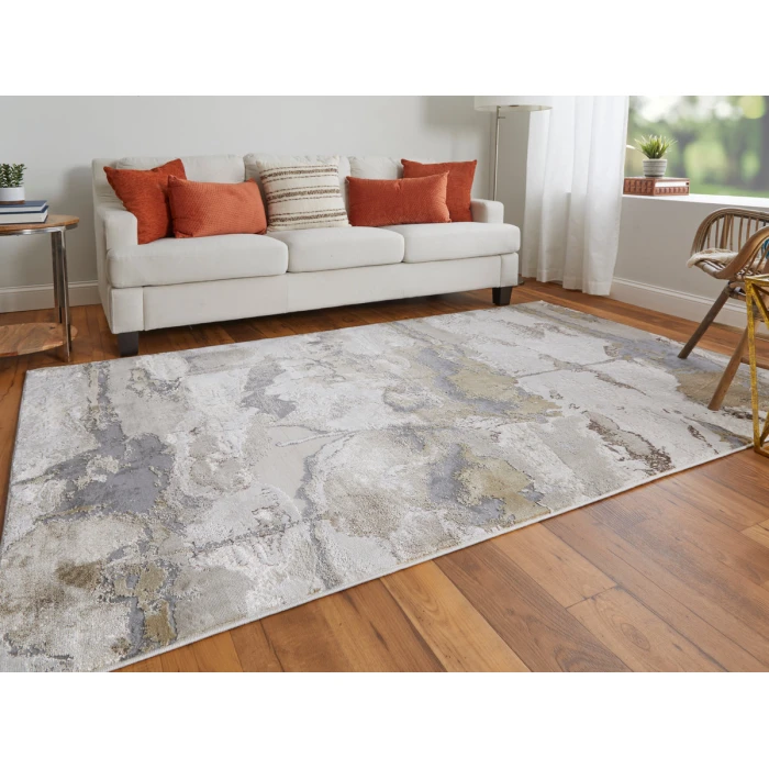 Feizy Aura Casual Watercolor, Gray/Ivory/Gold, 3'-11" x 6' Accent Rug