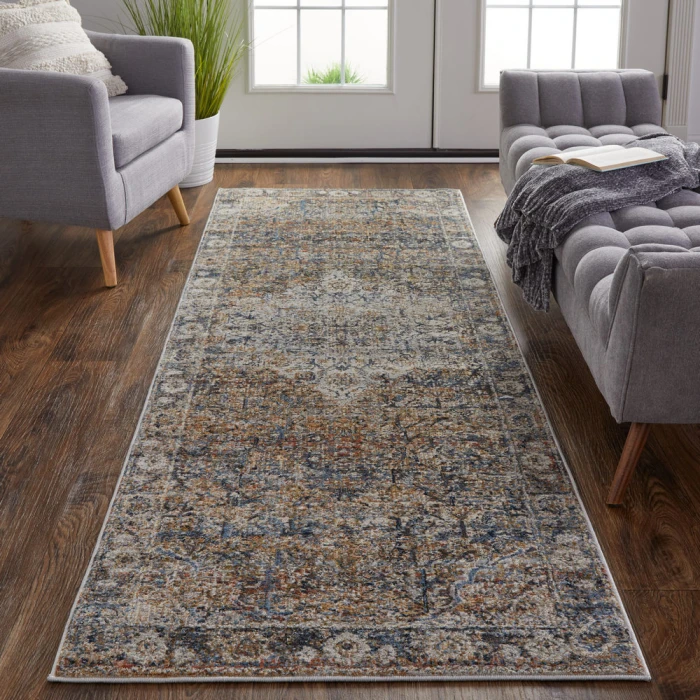 Feizy Kaia Bohemian & Eclectic Medallion, Tan/Orange/Blue, 2'-6" x 10' Runner