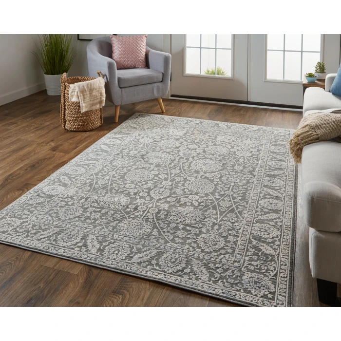 Feizy Thackery Transitional Oriental Rug, Charcoal/Bone White, 5ft-6in x 5ft-6in Round