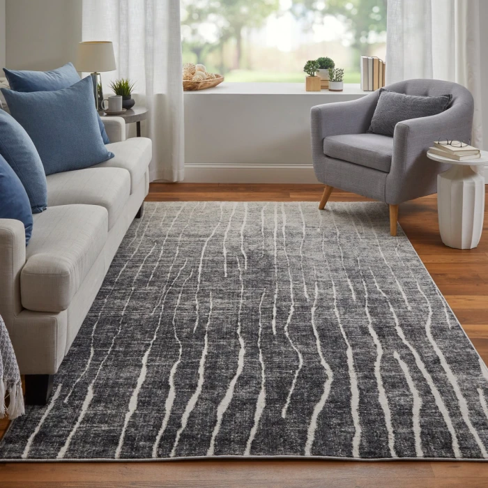 Feizy Kano Industrial Abstract, Black/Gray/Ivory, 2'-7" x 8' Runner