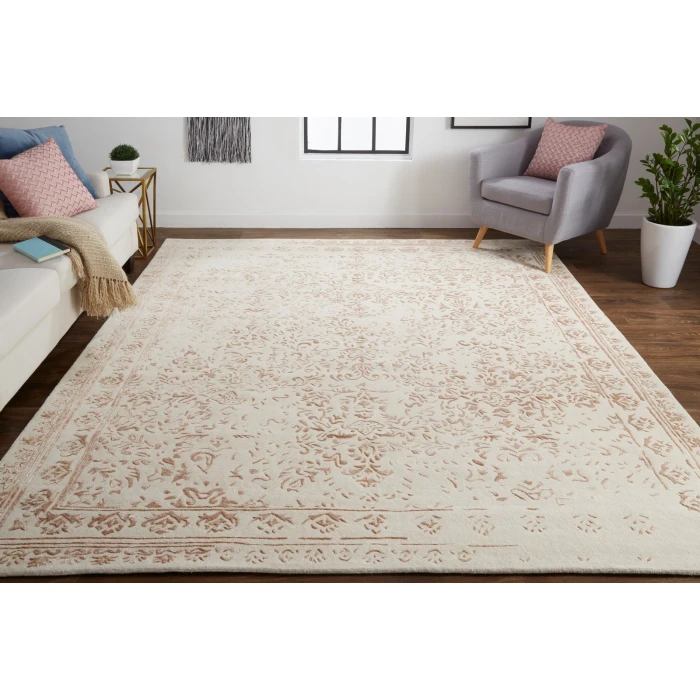 Feizy Bella High/Low Floral Wool Rug, Sand Beige/Blush Pink, 2ft - 6in x 8ft, Runner