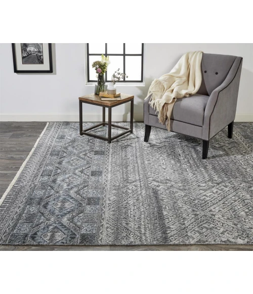 Feizy Payton Farmhouse Diamond, Gray/Ivory/Blue, 9'-6" x 13'-6" Area Rug