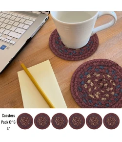 Homespice Decor Jute Braided Accessories Burgundy & Navy Blue Jamestown 4in. Set of 6 Round Rug