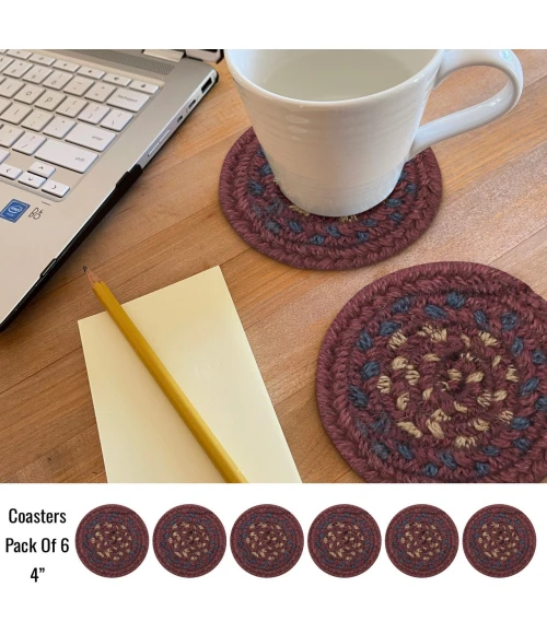 Homespice Decor Jute Braided Accessories Burgundy & Navy Blue Jamestown 4in. Set of 6 Round Rug