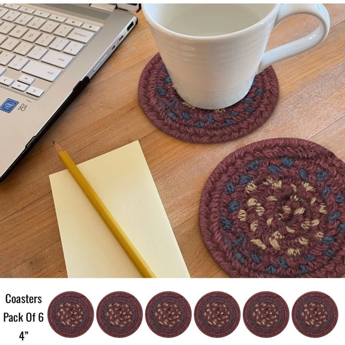Homespice Decor Jute Braided Accessories Burgundy & Navy Blue Jamestown 4in. Set of 6 Round Rug