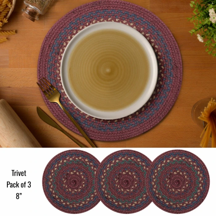Homespice Decor Jute Braided Accessories Burgundy & Navy Blue Jamestown 8in. Set of 3 Round Rug