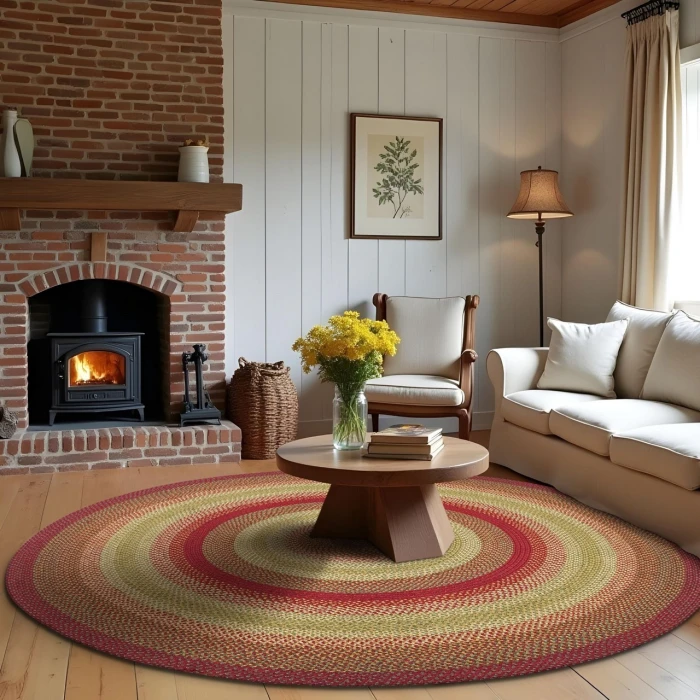 Homespice Decor Jute Braided Rug Cranberry Red & Gold Cider Barn 6 FT Round Rug