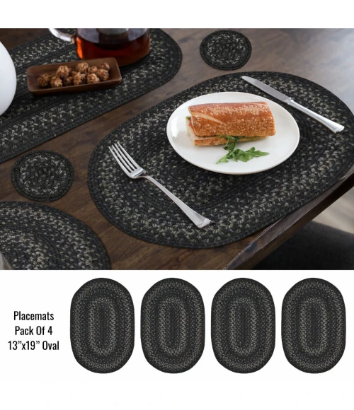 Homespice Decor Jute Braided Accessories Black Jet Black 13in. x 19in. Set of 4 Oval Rug
