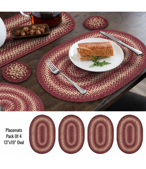 Homespice Decor Jute Braided Accessories Burgundy Autumn Maple 10in. x 15in. Set of 4 Oval Rug