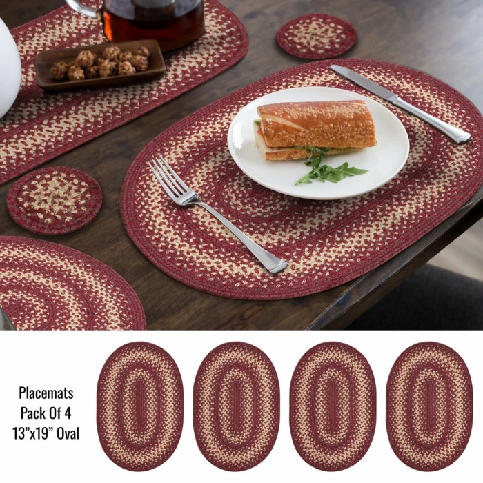 Homespice Decor Jute Braided Accessories Burgundy Autumn Maple 10in. x 15in. Set of 4 Oval Rug