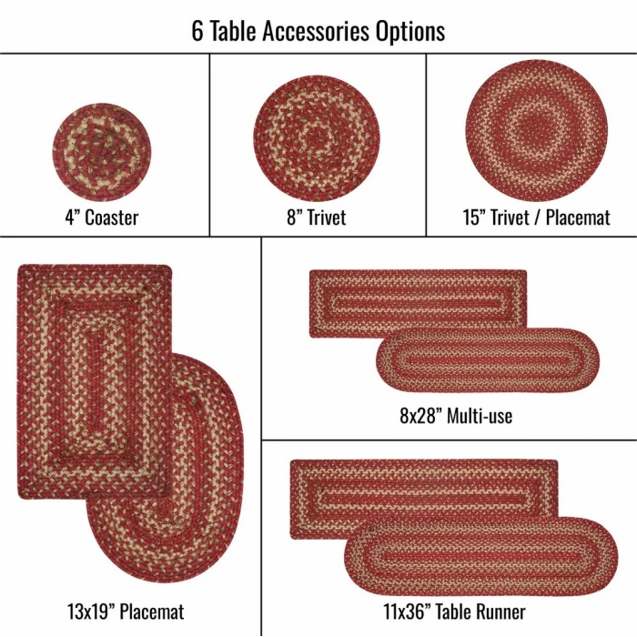 Homespice Decor Jute Braided Accessories Red & Beige Apple Pie 15in. Set of 6 Round Rug